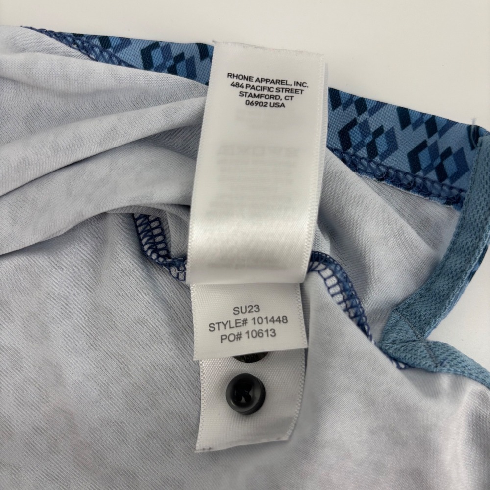 Rhone Polo Shirt Mens Medium Blue Geometric Diamond Print 101448 Stretch - Picture 5 of 10
